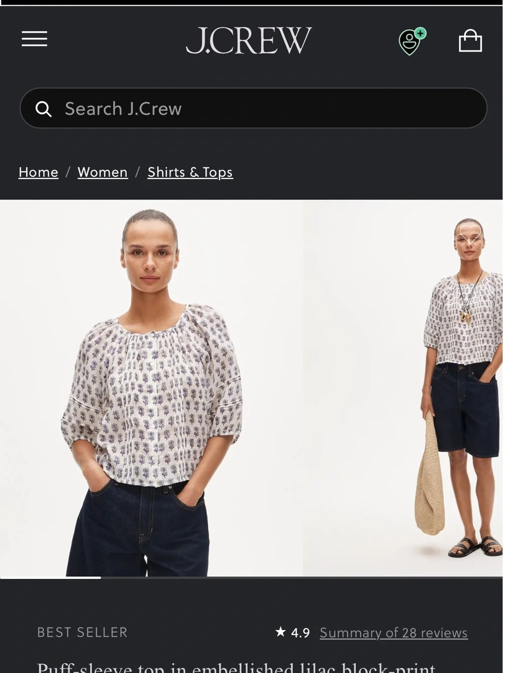 J. Crew Lilac and White Puff-Sleeve Printed Blouse